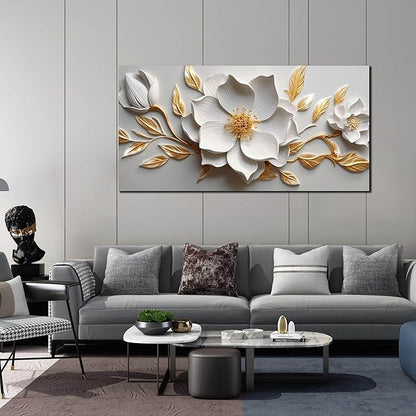 Canvas Wall Art for Living Room Bedroom Office White and Gold Flower Artwork Large Botanical Wall Art Framed Wall Decor Modern Canvas Prints 24x48 In