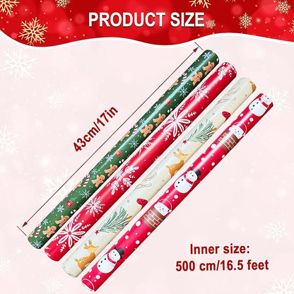 Christmas Wrapping Paper Set of 4 Rolls (93 sq. ft. ttl) With Colorful Holiday Patterns Santa Claus, Reindeer, Christmas Tree, Snowman, snowflakes for Gifts - 17 inches x 16.5 feet Per Roll
