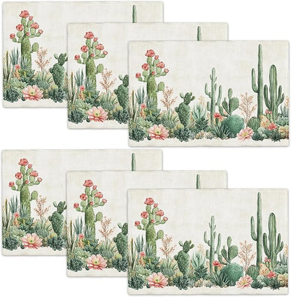 Cute Cactus Placemats Set of 6, Western Succulent Place Mats, Rustic Summer Plant Dining Table Mats, Washable Placemats for Kitchen Dining Room 18L'' × 12W''