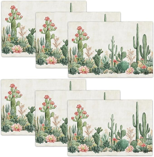 Cute Cactus Placemats Set of 6, Western Succulent Place Mats, Rustic Summer Plant Dining Table Mats, Washable Placemats for Kitchen Dining Room 18L'' × 12W''
