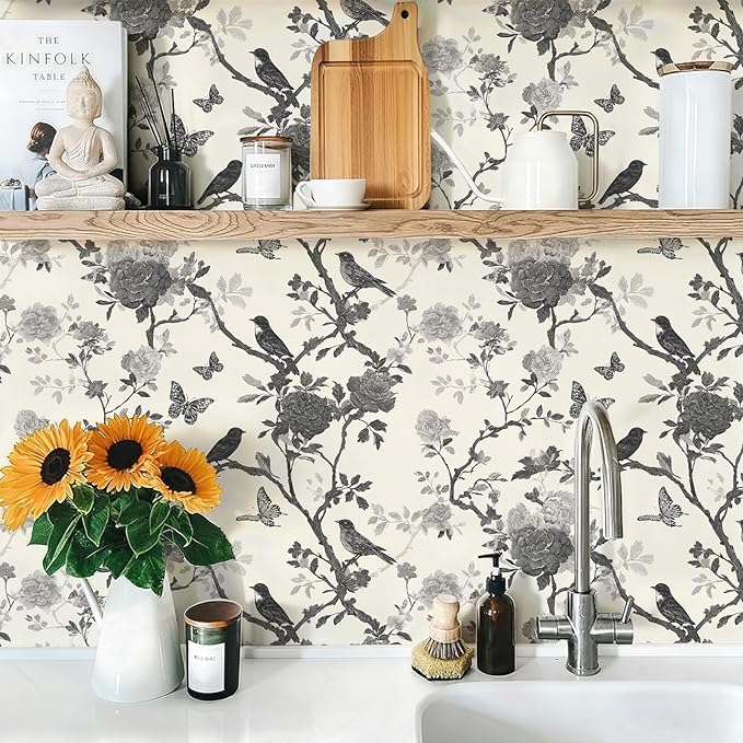 Vintage Peel and Stick Floral Bird Contact Paper Butterfly Removable Botanical Leaf Tree Wallpaper 17.7" x 118.11" Wall Paper Sketch Self Adhesive for Classroom Bedroom Laundry Room Bathroom
