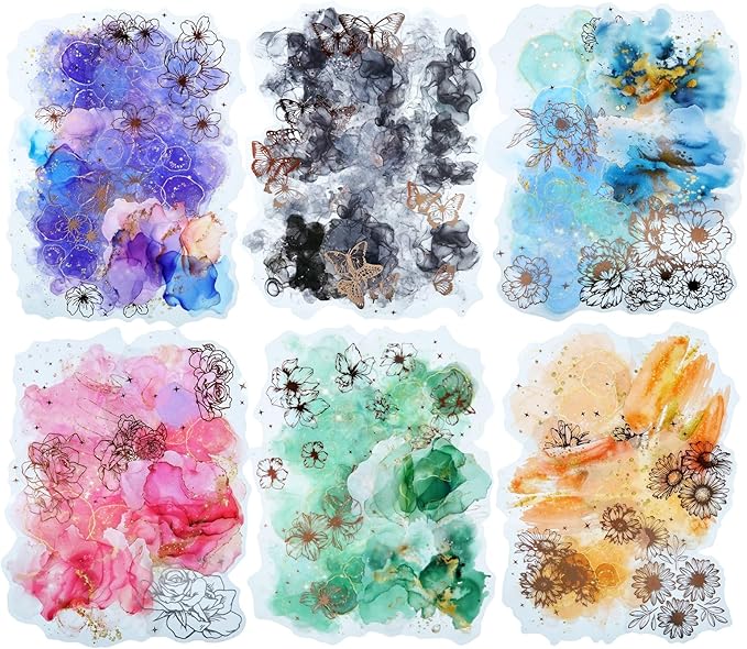 Watercolor Floral PET Sticker Set, 60PCS Gold Foil Flower Stickers for Scrapbooking, Journaling, DIY Crafts, Decorative Collage, Planner, and Art Supplies