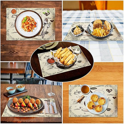 Coffee Kitchen Placemats Vintage Rustic Coffee Theme Latte Tea Cup Cappuccino Placemats Table Kitchen Dining Party 12x18 Inch Set of 6
