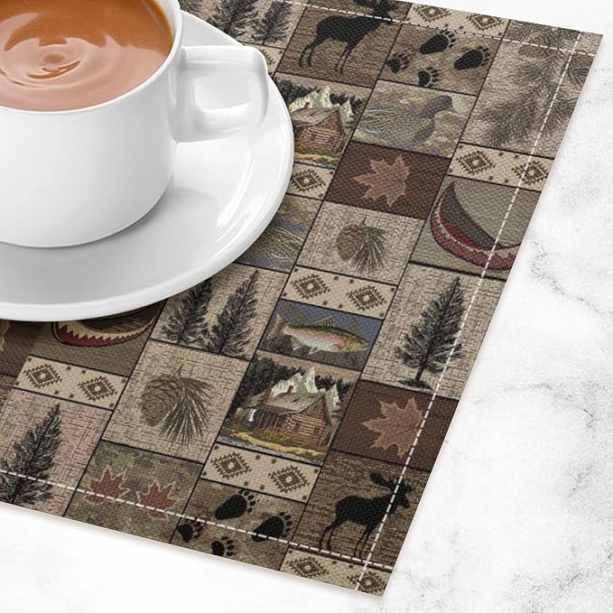 Retro Rustic Bears Deers Lodge Placemats Set of 4, Vintage Cabin Country Farmhouse Style Place Mats, Heat Resistant Non Slip Cotton Linen Dining Table Mats for Home Kitchen Party 18x12 Inch