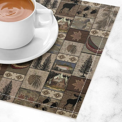 Retro Rustic Bears Deers Lodge Placemats Set of 4, Vintage Cabin Country Farmhouse Style Place Mats, Heat Resistant Non Slip Cotton Linen Dining Table Mats for Home Kitchen Party 18x12 Inch