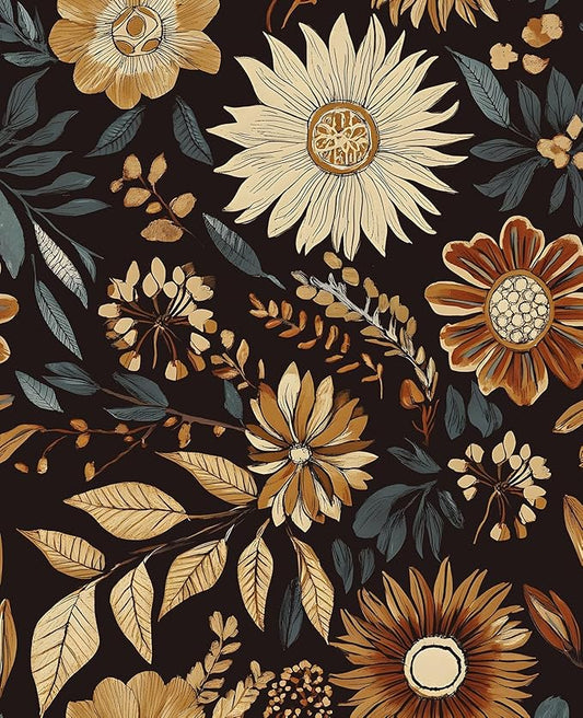 Extra Long Vintage Wallpaper Peel and Stick, 17.5" x 393" Boho Dark Floral Sunflower Contact Paper for Bedroom Cubicle Door, Retro Abstract Removable Antique Wall Paper Art Decor Black Orange