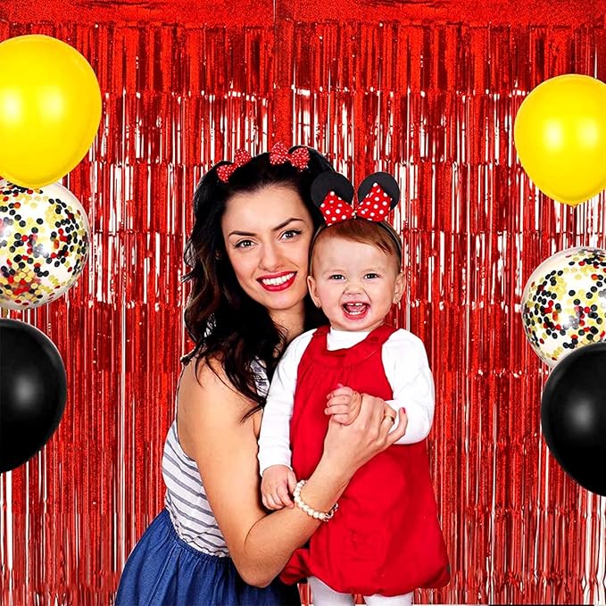 4 Pack Red Tinsel Foil Fringe Curtain Backdrop, 3.28Ft x 8.2Ft Metallic Streamers for Photo Booth Props Wedding Bridal Shower Bachelorette Birthday Halloween Christmas Party Decoration