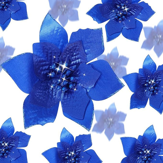 WILLBOND 24 Pcs 3 Size Poinsettia Flower Artificial Christmas Decor Glitter Poinsettia Christmas Ornaments Faux Flowers for Xmas Tree Outdoor(4/6/7.9 Inches,Royal Blue)