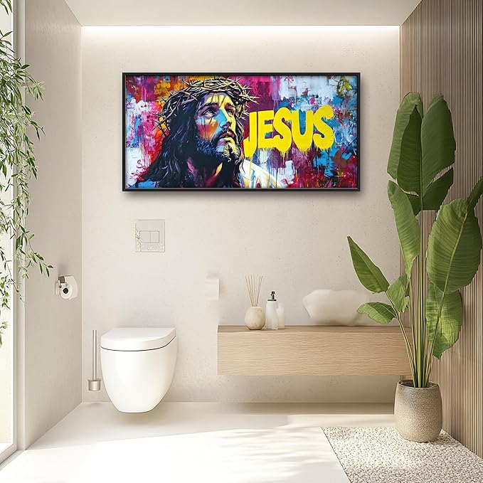 Banksy Jesus Large Wall Art Graffiti Framed Wall Decor for Living Room Pop Street Pictures Oversized Canvas Print Painting Modern Extra Large Framed Artwork for Bedroom Office 60"x30"