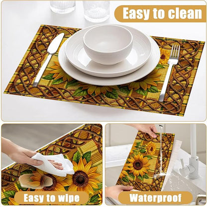 Sunflower Placemats Set of 6, Linen Place Mat Washable Stain Resistant Table Mats for Farmhouse Kitchen Dining Party Wedding Decor 12x18 Inch