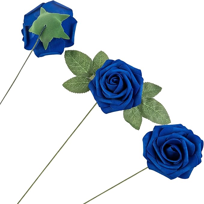 Royal Blue Rose 50pcs Foam Rose Real Looking Fake Rose with Stems Leaves for Home Decoration Party Garden Centerpieces DIY Wedding Bouquets（Royal Blue）