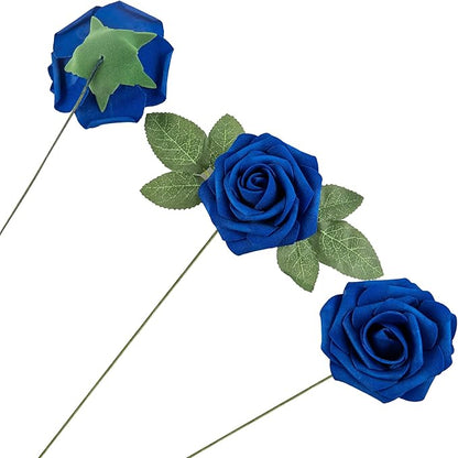 Artificial Flower Foam Rose 25pcs Real Looking Fake Rose with Stems Leaves for Home Decoration Party Garden Centerpieces DIY Wedding Bouquets（Royal Blue）