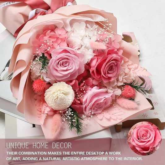 Preserved Flowers for Delivery, Pink Flower Bouquets with Necklace, Forever Real Roses Anniversary Birthday Gifts for Women Mom Wife Girlfriend, Fresh Flowers for Valentines Day Christmas