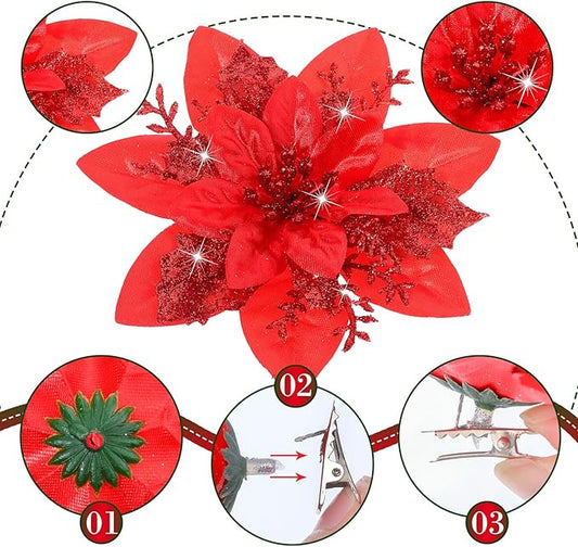 Geosar 24 Christmas Glitter Artificial Poinsettia Flowers Xmas Poinsettia Artificial Wedding Flowers Decorations Xmas Tree Ornaments with Clips for Party Favors, 6 Inch, 4 Inch, 3 Inch (Red)