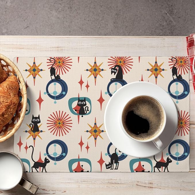 Mid Century Black Cat Modern Placemats Set of 4,Kitchen Table Mats for Dining Outdoor Home Decor 12x18 Retro Place Mats 4 PCS, Style-17