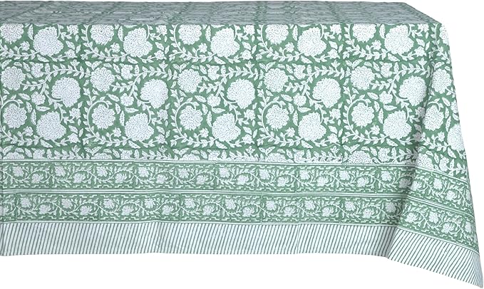 ATOSII Shalimar Green 100% Cotton Rectangle Spring Tablecloth, Handblock Floral Print Linen Table Cloth for Kitchen Dining I Parties, Outdoors, Weddings, Easter Holidays I 72 X 108 Inches I 8 Seater