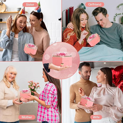 Preserved Pink Real Rose with Necklace Forever Flowers Diamond shaped Box for Mom Wife Girlfriend Grandma on Mothers Day Birthday Valentines Christmas Anniversary Beatiful Gifts for women