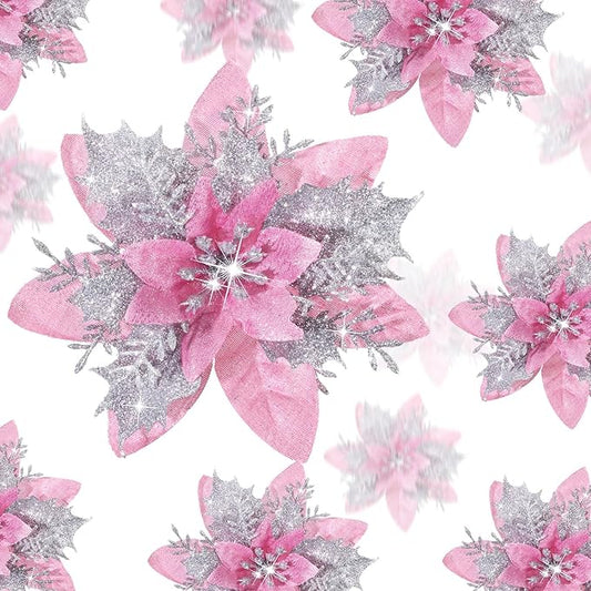 36 Pcs Christmas Glitter Artificial Poinsettia Flowers Xmas Poinsettia Artificial Wedding Flowers Decorations Xmas Tree Ornaments with Clips for Party, 6 Inch, 4 Inch, 3 Inch(Peach Pink, Silver)