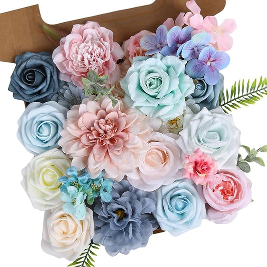 Pink and Blue Flowers Combo Box, Pink Silk Fake Rose Light Blue Flowers for DIY Floral Arrangements Wedding Bouquets Centerpiece Baby Shower Party Decoration (Blue Pink)