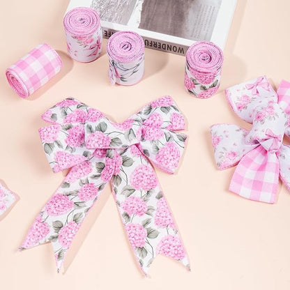 4 Rolls Pink Floral Wired Ribbon Set - 2.5 Inch Wide, 20 Yards Total – Rose Patterned Pink and White Vintage Satin Ribbon for Crafts, Spring, and Floral Decor, Mother's Day Gift for her