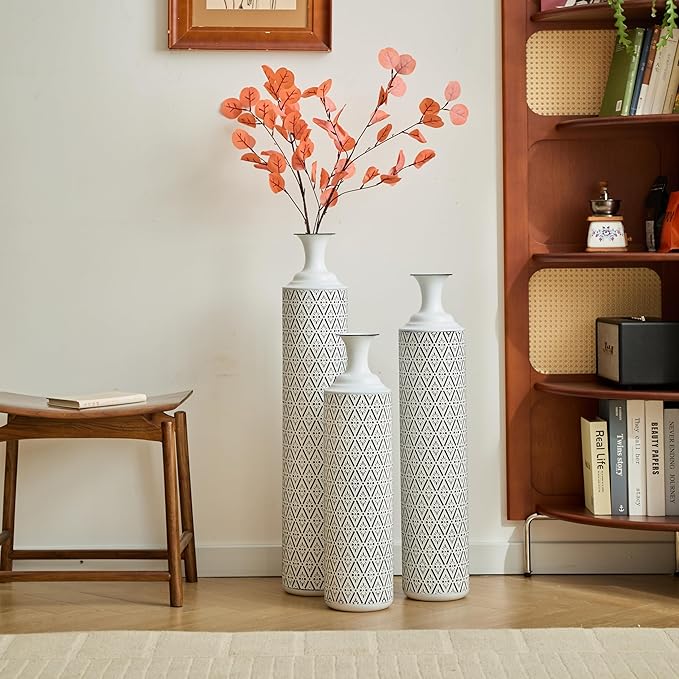 Floor Vases, Tall Home Decor Metal Vase Set of 3 Large Glazed Decorative Vases for Wedding Decor, Elegant Modern Flower Holder for Living Room, Entryway, Hallway, Dining Room