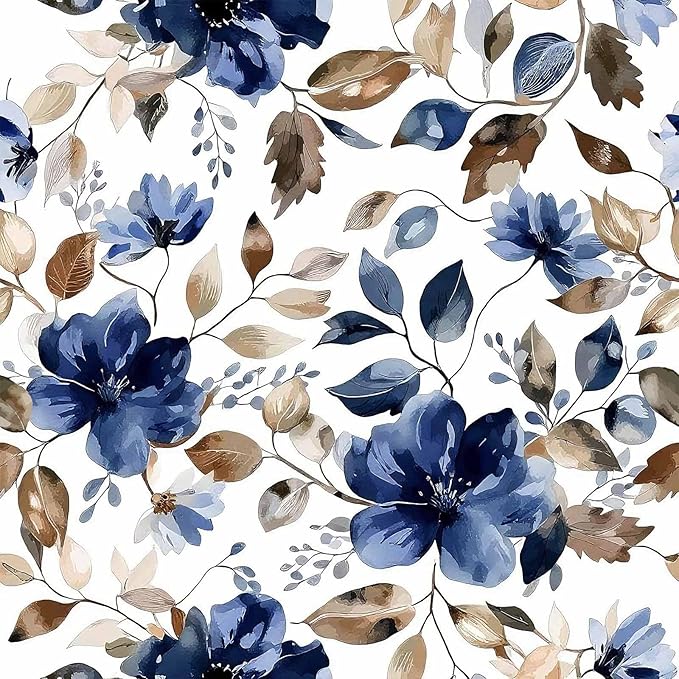 Blue Floral Peel and Stick Wallpaper Modern Contact Paper Waterproof Botanical Flower Removable Self Adhesive Wallpaper for Bathroom Bedroom Living Room Cabinets 17.7"x212.6"