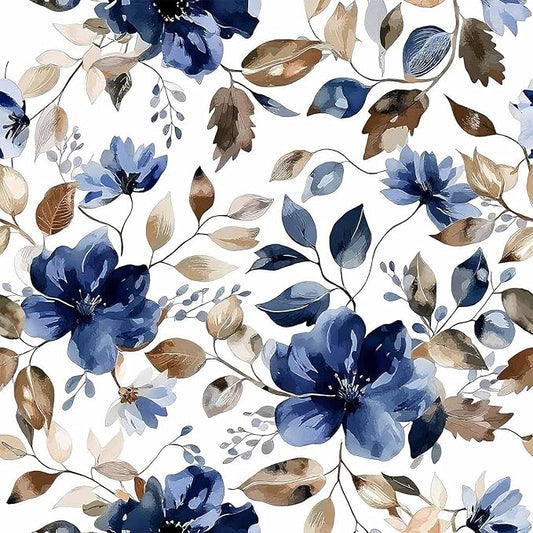 Blue Floral Peel and Stick Wallpaper Modern Contact Paper Waterproof Botanical Flower Removable Self Adhesive Wallpaper for Bathroom Bedroom Living Room Cabinets 17.7"x212.6"