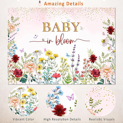 Baby in Bloom Backdrop Wildflower Baby Shower Decorations for Girl,Pink Watercolor Floral Baby in Bloom Baby Shower Party Banner Wild Flower Theme Babyshower Background Photo Booth Props 5x3ft