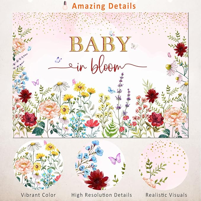 Baby in Bloom Backdrop Wildflower Baby Shower Decorations for Girl,Pink Watercolor Floral Baby in Bloom Baby Shower Party Banner Wild Flower Theme Babyshower Background Photobooth Props 10x7ft
