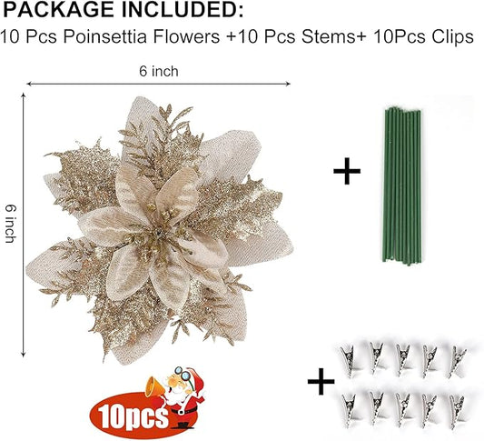 RECUTMS 10 Pcs Christmas Glitter Artificial Poinsettia Flowers 6 inch Christmas Wreath Christmas Tree Flowers Ornaments Holiday Seasonal Decorations for Xmas New Year Wedding Party (Gold)