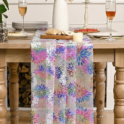 Artoid Mode Multicolor Gold Dahlia Flower Gauze Table Runner 120 Inch 10FT, Glitter Metallic Foil Sheer Cheesecloth Dining Holiday Table Decor for Home Party