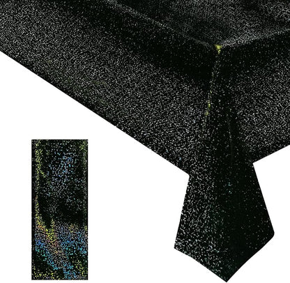 1 Pcs Black Holographic Laser Tablecloth Galaxy Space Table Cloth 40 * 108 Inch Shimmer Star TableCover for Halloween Birthday Graduation Neon Party Supplies Disposable Plastic Foil Table Decor