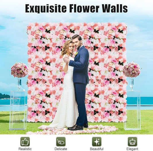 LOYALHEARTDY 12 Pack Artificial Flower Wall Panels 24" x 16" White & Pink Faux Roses Artificial Flower Backdrop Panels for Wedding Party Event Flower Wall Decor