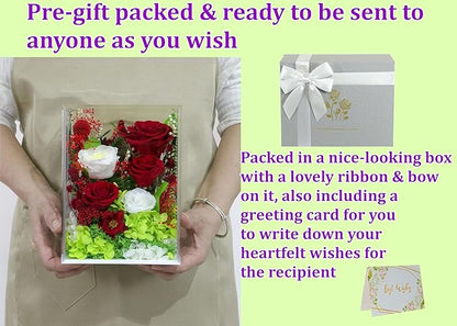 Valley of Rain & Forest Long-Lasting Real Flowers, Handcrafted Preserved Rose Bush For you to Send Love for All Occasions, Floral Arrangement for Indoor Decoration (Red White Roses Arrangement)