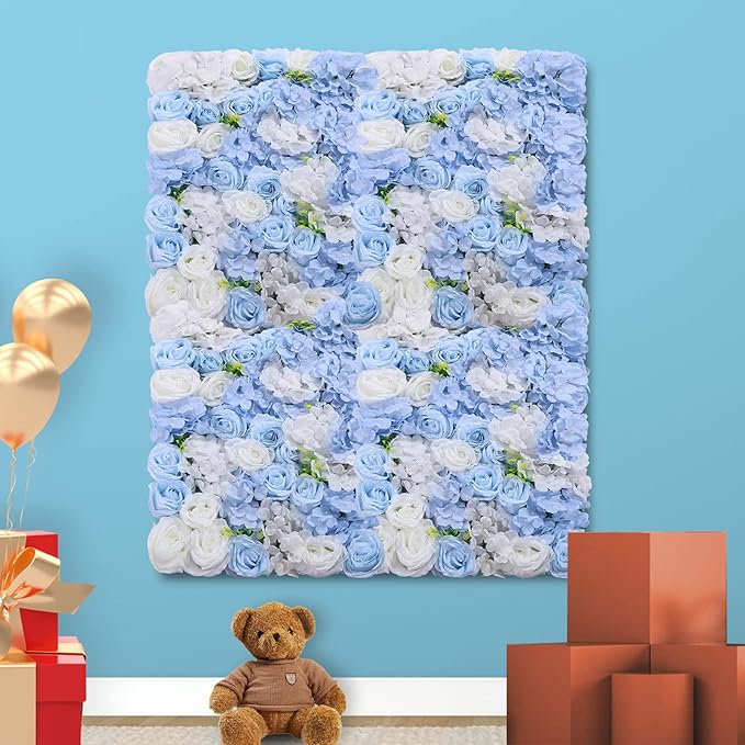 4Pcs Artificial Flower Wall Panel,3D 16" X 24" Silk Rose Mat Artificial Flower Wall,Rectangle Decorative Backdrop Flower Panels Wall for Bridal,Patio,Garden,Yard Decor (Blue, White)