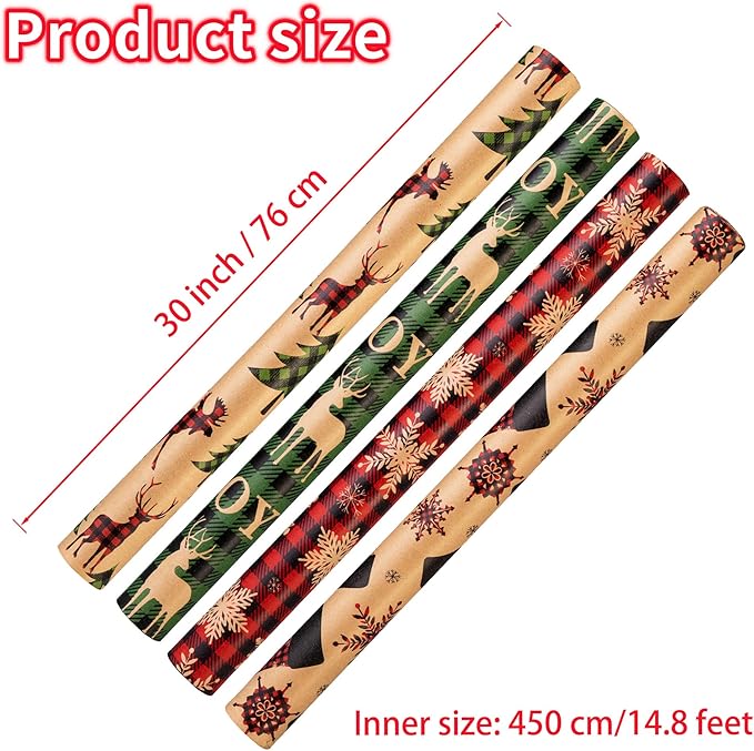 Christmas Wrapping Paper, Holiday Kraft Gift Paper (4 Rolls: 148 sq. ft. ttl) - Red/Green and Black Plaid Grid Patterns, Stockings Snowflakes Pine Tree and Reindeer - 30 inches x 14.8 feet Per Roll