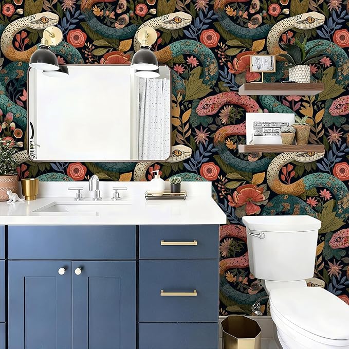 Floral Peel and Stick Modern Animal Wallpaper Whimsical Snake Removable Botanical Leaf 17.7" x 236.22" Wall Paper Watercolor Self Adhesive Contact Paper for Classroom Bedroom laundry room bathroom