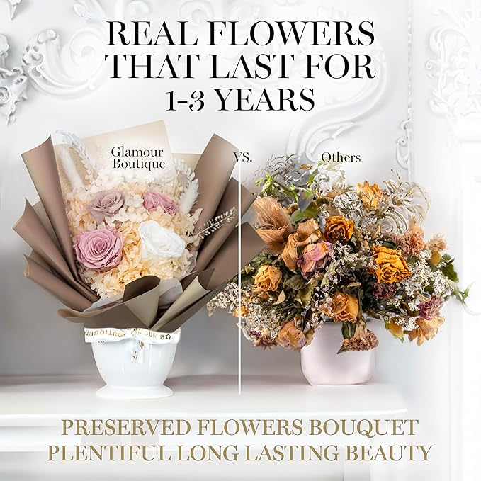 GLAMOUR BOUTIQUE Preserved Flowers Bouquet - Long-Lasting Flowers Forever in a Box with Hydrangeas & More, Gift Ready for Anniversary, Birthday, Mother's Day - Dusty Rose