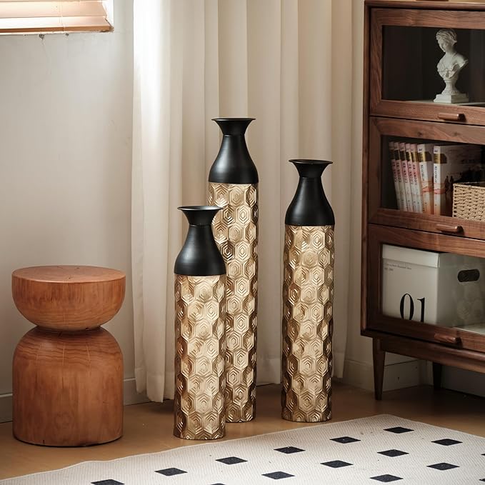 Floor Vases, Tall Home Decor Metal Vase Set of 3 Large Glazed Decorative Vases for Wedding Decor, Elegant Modern Flower Holder for Living Room, Entryway, Hallway, Dining Room