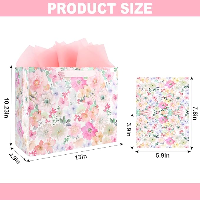 ASYEH NR 13" Large Size Floral Gift Bag Floral Flower Pattern Vintage Gift Bag with Greeting Card Tissue Paper for Girls Women Birthday Mother's Day Valentine's Day Anniversary Wedding Spring Supplies