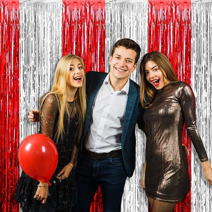 4 Pack Foil Fringe Curtain Backdrop, 3.28Ft x 8.2Ft Metallic Tinsel Foil Fringe Streamers Curtains for Photo Booth, Wedding, Circus Welcome Carnival Birthday Party Decoration Silver Red