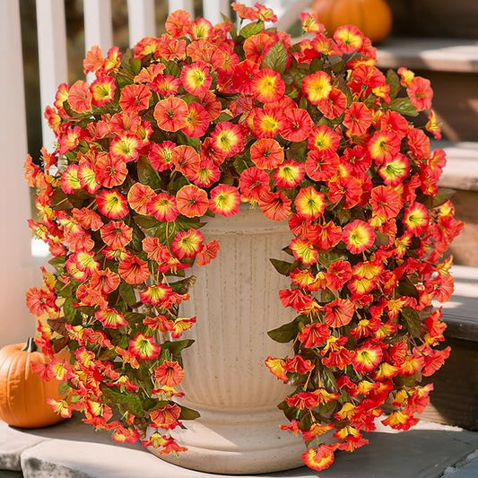 Artificial Fall Hanging Flowers for Outdoors Decoration, 2PCS Fake Plants Faux Realistic Silk Morning Glory Long Vines UV Resistant for Autumn Outside Porch Patio Balcony Yard Planter, OrangeYellow