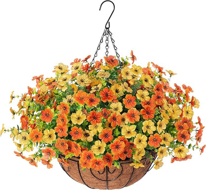 HyeFlora Artificial Fake Hanging Mums Plants Flowers Basket for Fall Autumn Outdoor Decor, Faux Silk Orange Dasiy Flower Look Real UV Resistant for Outside Porch Home Patio Garden Decoration