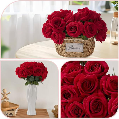 Red Roses Artificial Flowers Bulk, 32Pcs Fake Roses Artificial Velvet Roses with Stems, DIY Silk Flowers Roses Bouquet, Realistic Faux Artificial Roses for Mother's Day Home Table Decor