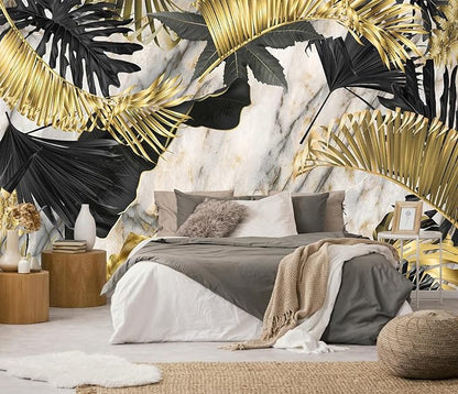 Seamless Summer Pattern with Golden White and Black Tropical Plants.Modern Abstract Design for Paper Wallpaper Cover Fabric （Non-self-Adhesive）