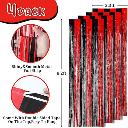 4 Pack 3.3x8.2 Feet Red and Black Foil Fringe Backdrop Curtains, Tinsel Streamers Birthday Party Decorations, Fringe Backdrop for Graduation, Baby Shower, Gender Reveal, Disco Party