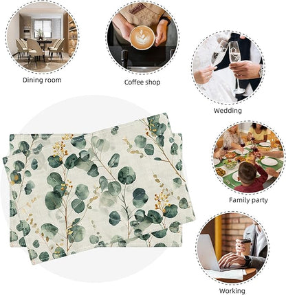 Leaves Placemats Set of 6 Eucalyptus Seasonal Watercolor Plants Table Mats Washable Place Mats for Home Party Indoor Kitchen Dining Table Decoration 12x18 Inch