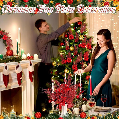 18 Pack 3 Styles 17 Inch Christmas Glitter Poinsettia Berry Stems Ornaments Artificial Floral Branches Picks for Christmas Tree Home Vase Holiday Party Decor(Red)