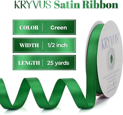 Green Satin Ribbon, Double Faced 1/2 Inch X 25 Yards Green Ribbon, Premium Satin Ribbon for Gift Wrapping, Crafts, Hair Bow Making, Sewing, Flower Bouquet, Wedding Party Decor
