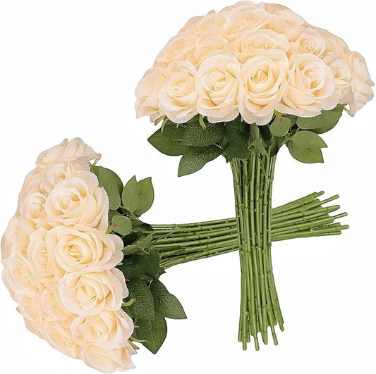 30pcs Roses Artificial Flowers Champagne Silk Roses with Long Stems Fake Flowers for Wedding Bouquet Centerpices Decorations Party Bridal Baby Shower Home Decor